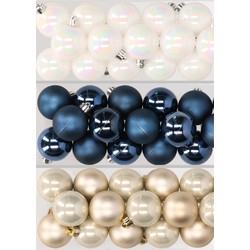 48x stuks kunststof kerstballen mix van parelmoer wit, donkerblauw en champagne 4 cm - Kerstbal