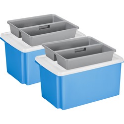 Sunware 2x opslagbox kunststof 51 liter blauw 59 x 39 x 29 cm met deksel en organiser tray - Opbergbox