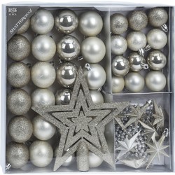Set 44-delig kunststof kerstboomversiering parel/wit met kerstballen, slingers en piek - Kerstbal