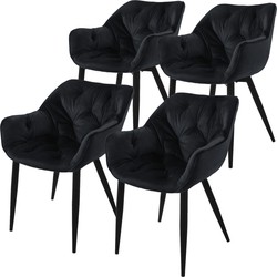 ML-Design Eetkamerstoelen set van 4 zwart, keukenstoel met dik fluweel gestoffeerde zitting, metalen poten, woonkamerstoel met rugleuning en armleuningen, gewatteerde gestoffeerde stoel
