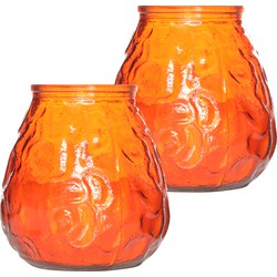 2x Oranje tafelkaarsen in glazen houders 10 cm brandduur 40 uur - Waxinelichtjes