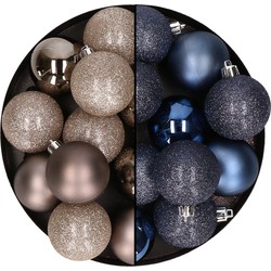 24x stuks kunststof kerstballen mix van champagne en donkerblauw 6 cm - Kerstbal