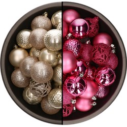 74x stuks kunststof kerstballen mix van champagne en fuchsia roze 6 cm - Kerstbal