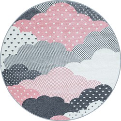 Tapijtenloods Bambi Wolken Kinderkamer Rond Vloerkleed Laagpolig Roze Grijs- 120 CM ROND