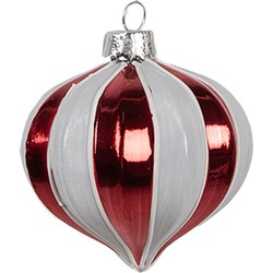 Clayre & Eef Kerstbal Ø 8x8 cm Rood Wit Glas Kerstboomversiering