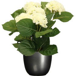 Hortensia kunstplant/kunstbloemen 36 cm - wit - in pot titanium grijs glans - Kunstplanten