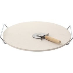 BBQ/oven pizzasteen rond keramiek 33 cm met handvaten incl. pizzasnijder - Pizzaplaten