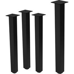 Set van 4 tafelpoten I-Design 90 cm glanzend zwart gepoedercoat staal vierkant profiel 8x8 cm In hoogte verstelbare meubelpoten 1-4 cm ML-Design