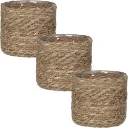 Mica Decorations Plantenmand - 3x - rotan - naturel met bruin - 14 cm - Plantenpotten