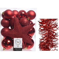 Kerstversiering kerstballen 5-6-8 cm met ster piek en golf folieslingers pakket rood van 35x stuks - Kerstbal