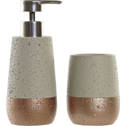 Badkamerset met zeeppompje en tandenborstel beker brons/creme polystone 19 cm - Badkameraccessoireset