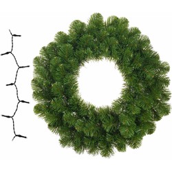 Groene kerstkrans/dennenkrans/deurkrans 45 cm inclusief helder witte verlichting - Kerstkransen