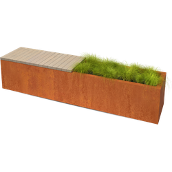 Florisa Rechthoekige cortenstaal plantenbak met Padouk zitbank L200 x B40 x H42 cm