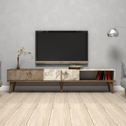 TV Meubel Milan Walnoot Wit Marmer Melamine 180x40x35 cm