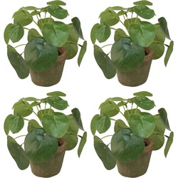 4x Groene kunstplanten pilea planten in pot 13 cm - Kunstplanten