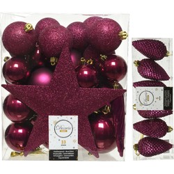 Kerstversiering kunststof kerstballen met piek framboos roze 5-6-8 cm pakket van 39x stuks - Kerstbal