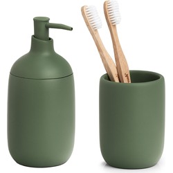 Zeller badkamer accessoires set 2-delig - kunststeen salie groen - Badkameraccessoireset