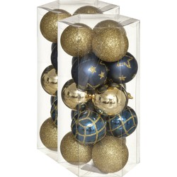 30x stuks kerstballen mix goud/blauw gedecoreerd kunststof 5 cm - Kerstbal