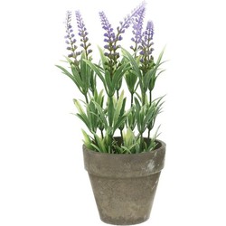 Groene/lilapaarse Lavandula lavendel kunstplanten 25 cm met grijze beton pot - Kunstplanten