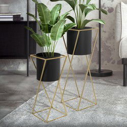 Set van 2 bloemenstandaards met zwart/goud stalen plantenbak ML ontwerp