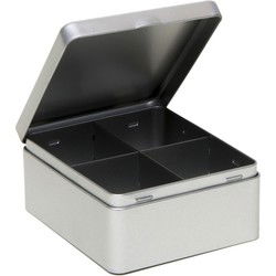 Metalen 4-vaks theedoos/theekist 15 x 13 x 7 cm - Zilverkleurig - Theedozen