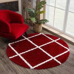 Tapijtenloods Madrid Shaggy Rond Geruit Vloerkleed Rood Creme Hoogpolig- 80 CM ROND