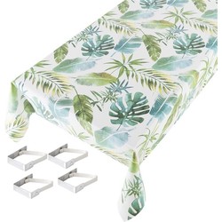 Wit/groene tafelkleden/tafelzeilen botanische print 140 x 245 cm rechthoekig met 4x tafelkleedklemmen - Tafelzeilen