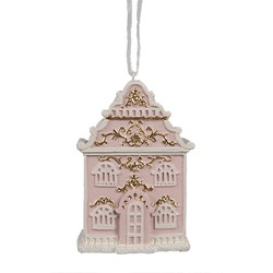 Clayre & Eef Kersthanger Gingerbread house 6x4x9 cm Roze Kunststof Kerstboomversiering