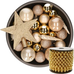 Kunststof kerstballen 33x st goud-champagne-bruin met piek en kralenslinger goud - Kerstbal