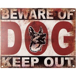 Clayre & Eef Tekstbord  25x20 cm Rood Beige Ijzer Hond Beware of dog Keep out Wandbord