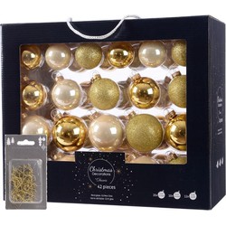 Kerstversiering glazen kerstballen mix set 5-6-7 cm goud/champagne 42x stuks met haakjes - Kerstbal