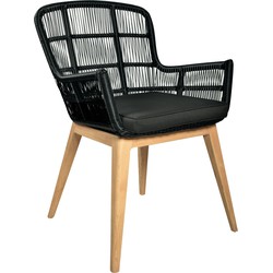 DKS - Tuinstoel Ebeko fauteuil tuin alu frame teak met rattan zwart inclusief kussen