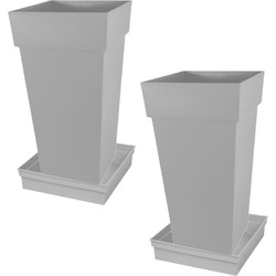 Set van 2x stuks bloempotten Toscane vierkant kunststof grijs 43 x 43 x 80 cm inclusief onderschalen - Plantenpotten