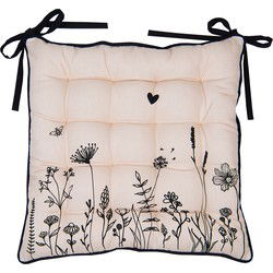 Clayre & Eef Stoelkussen Foam  40x40x4 cm Beige Zwart Katoen Bloemen Zitkussen