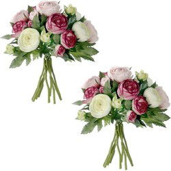 Mica Decorations Ranunculus/ranonkel boeket - 3x stuks - roze - 22 cm - Kunstbloemen