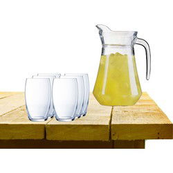 Luminarc karaf schenkkan van glas 1600 ml met 6x stuks Versailles serie water/drink glazen 375 ML - Drinkglazen