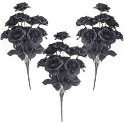 Bosje met 6 zwarte rozen - 3x - Halloween decoraties - 38 cm - Kunstbloemen