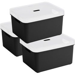 3x Sunware opbergbox/mand 32 liter zwart kunststof met transparante deksel - Opbergbox