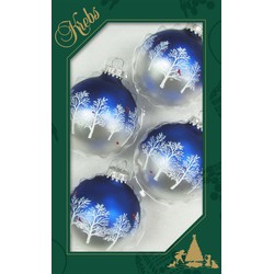 8x stuks luxe glazen kerstballen 7 cm blauw/zilver met bomen - Kerstbal