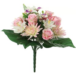 Louis Maes Kunstbloemen boeket roos/orchidee/chrysant - roze - H36 cm - Bloemstuk - Bladgroen - Kunstbloemen