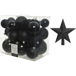 Kerstversiering kunststof kerstballen met piek zwart 6-8-10 cm pakket van 27x stuks - Kerstbal