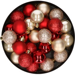 28x stuks kunststof kerstballen parel/champagne en rood mix 3 cm - Kerstbal