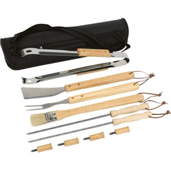 Barbecue gereedschap set - houten handgrepen - 10-delig - RVS - Barbecuegereedschapset