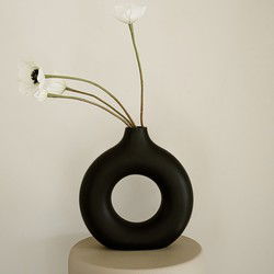 Indore Home - Donut Vaas Hol - Rond Large - Bloemenvaas - Nordic - Woonkamer Decoratie - Vaas Zwart - 21,5 cm