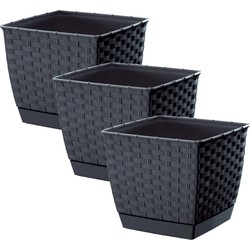 Set van 3x stuks plantenpotten/bloempotten rotan kunststof 16.5 cm en hoogte 14.2 cm antraciet grijs - Plantenpotten