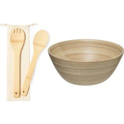 Secret de Gourmet Slakom/schaal met slacouvert - Bamboe - D25 cm - Saladeschalen
