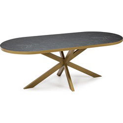 Stalux Plat ovale eettafel 'Noud' 240 x 100, kleur goud / zwart marmer