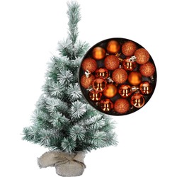 Besneeuwde mini kerstboom/kunst kerstboom 35 cm met kerstballen oranje - Kunstkerstboom