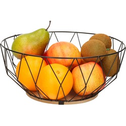 Fruitschaal/fruitmand rond zwart metaal/hout 28 cm - Fruitschalen