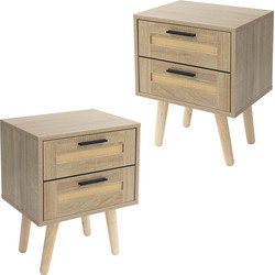 Nachtkastje set van 2 40x50,5x30 cm eiken bijzettafel met 2 laden en rotan front & massief houten poten ML design